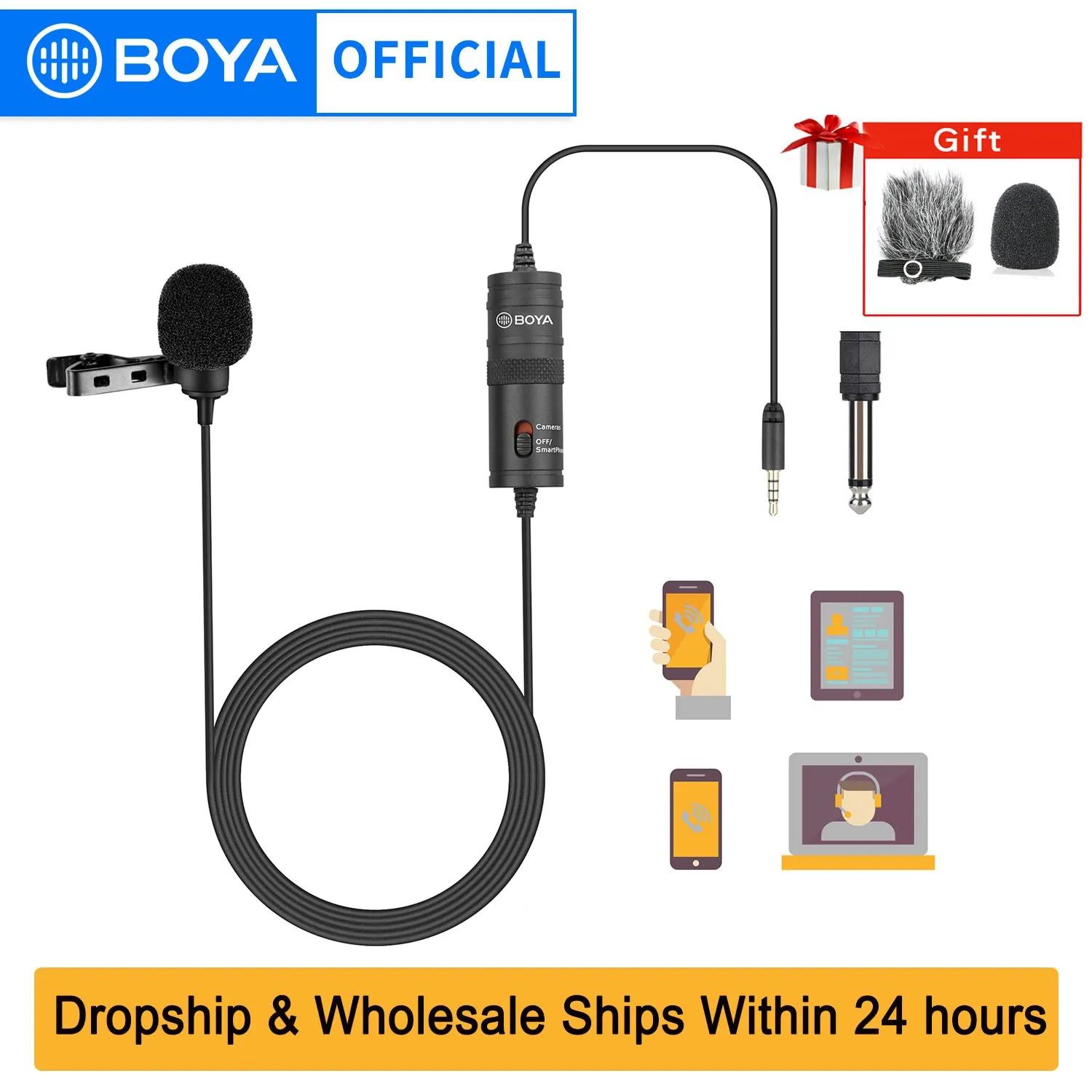 BOYA-BY-M1-Condenser-Lavalier-Lapel-Clip-on-Microphone-3-5mm-TRRS-6M-Mic-For-PC
